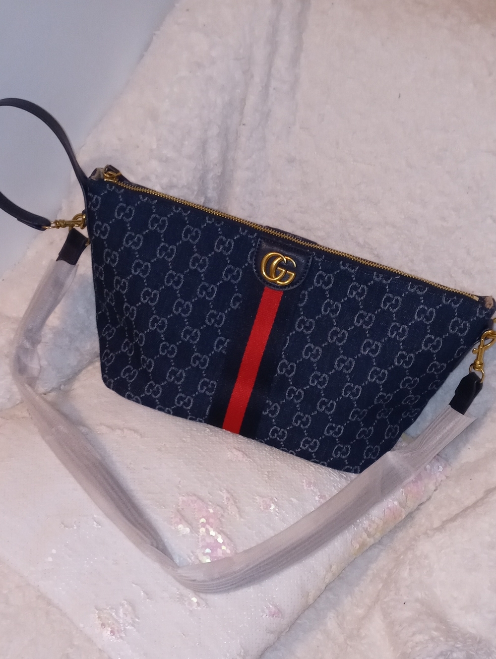 Gucci Navy GG Denim Crossbody with Signature Red Stripe